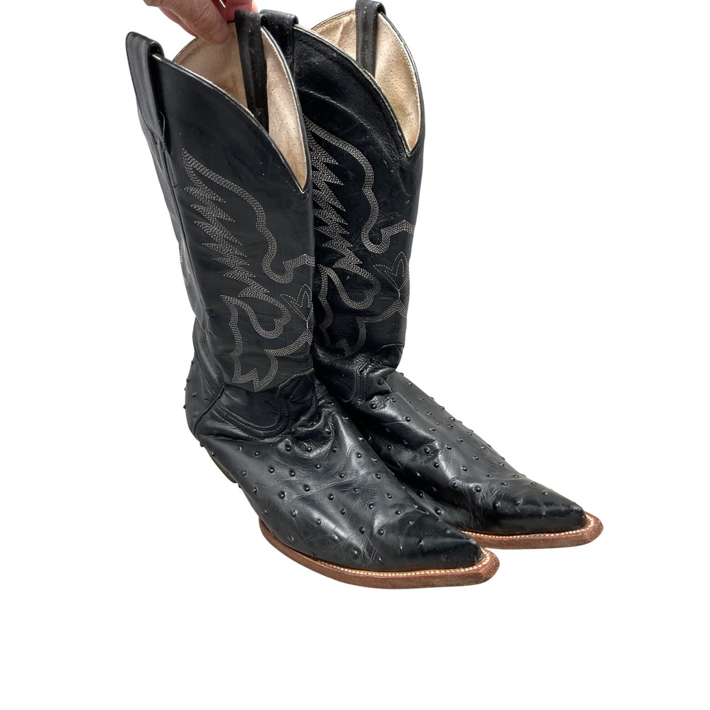 Cheke‎ Ostrich Boots Mens 8.5 Black Full Quill Pointed Toe Western Cowboy Mexico